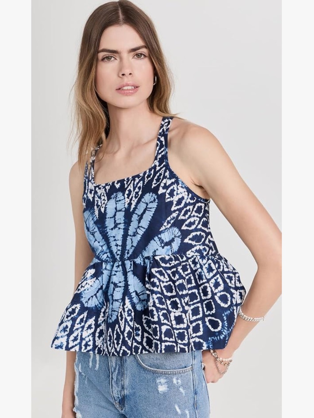 SEA New York NWT Tie Dye Peplum Tank Top Blue White Cotton Size Medium